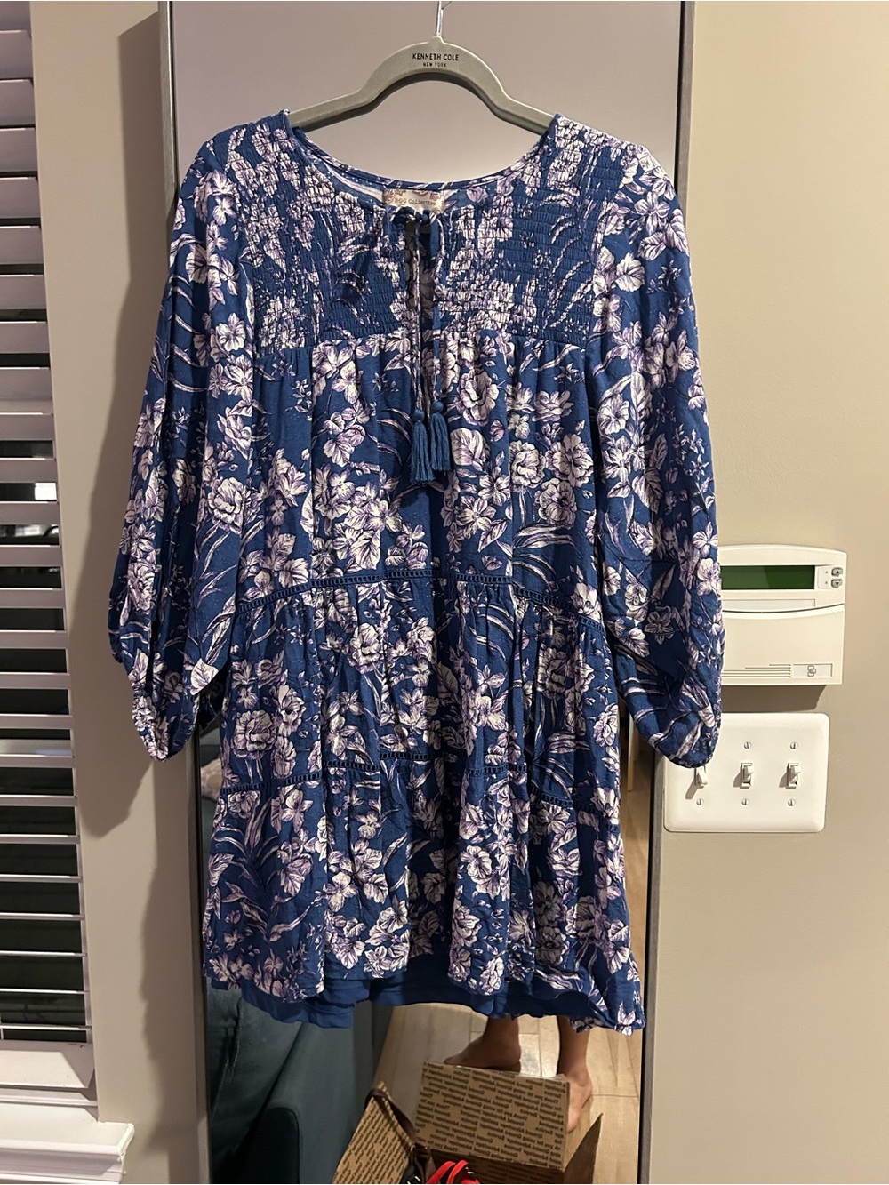 BOG Collective Women Mini Dress Blue Floral Cottagecore Tassels Size Large